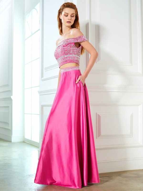 A-Line/Princess Off-the-Shoulder Beading Sleeveless Satin Floor-Length Two Piece Dresses 3789