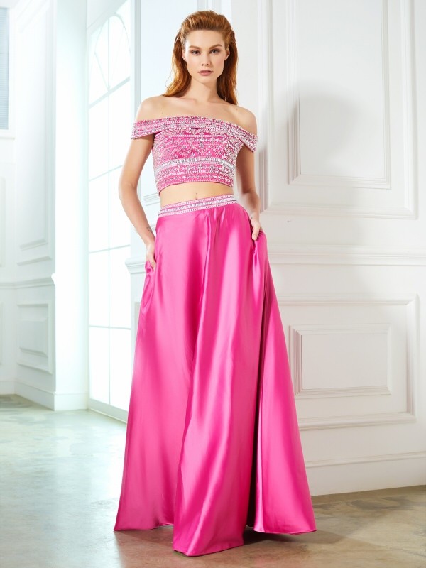 A-Line/Princess Off-the-Shoulder Beading Sleeveless Satin Floor-Length Two Piece Dresses 3789