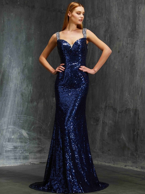 Sheath/Column V-neck Sleeveless Sweep/Brush Train Beading Sequins Dresses 6923