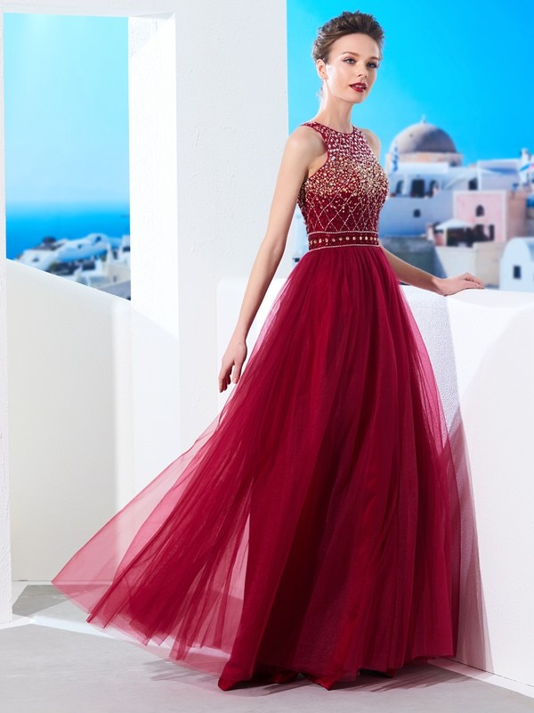 A-Line/Princess Scoop Sleeveless Floor-Length Beading Tulle Dresses 4354