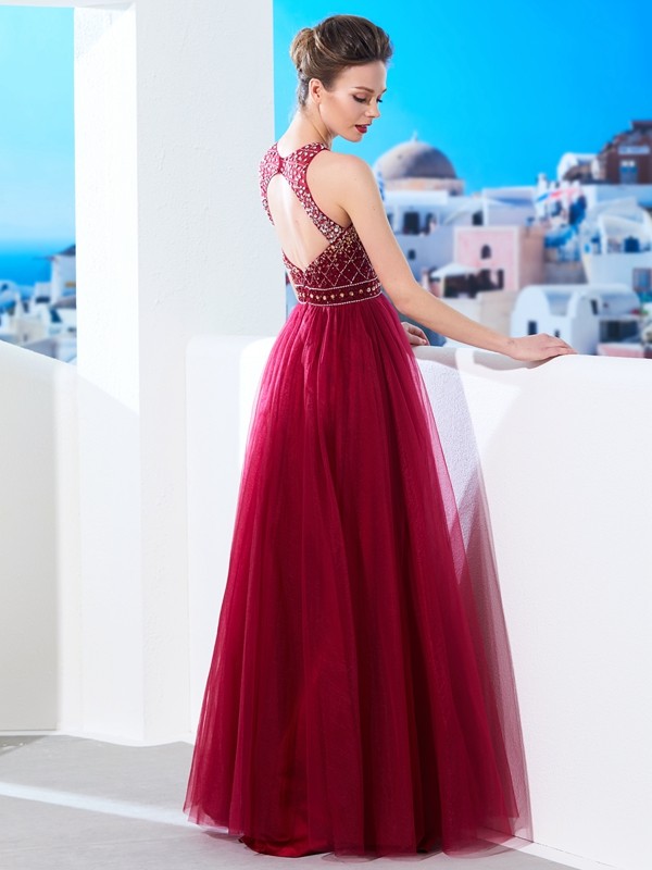 A-Line/Princess Scoop Sleeveless Floor-Length Beading Tulle Dresses 4354