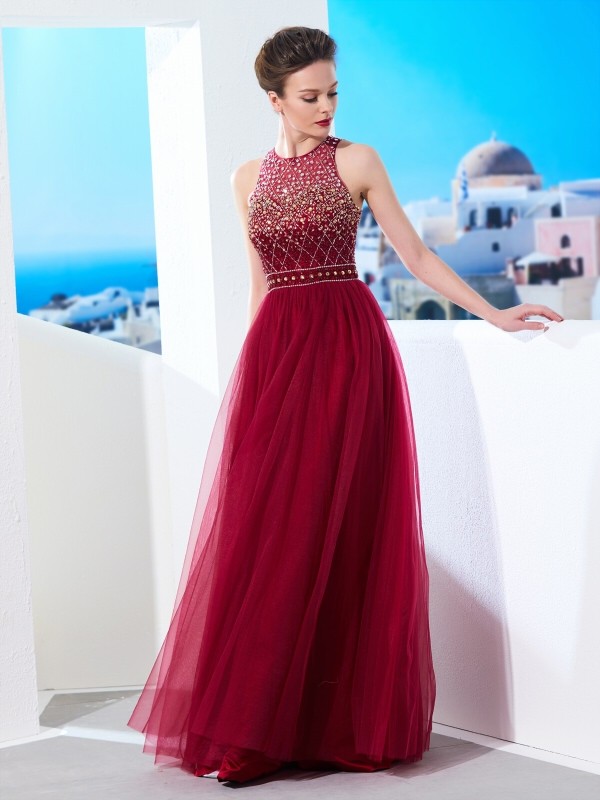 A-Line/Princess Scoop Sleeveless Floor-Length Beading Tulle Dresses 4354