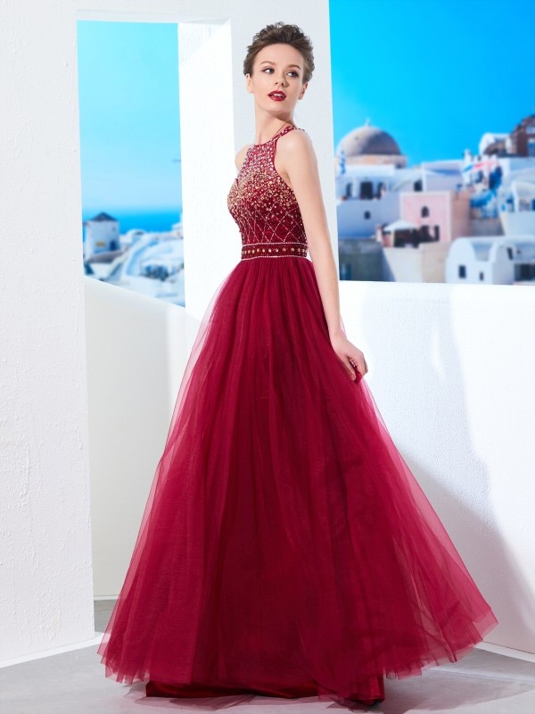 A-Line/Princess Scoop Sleeveless Floor-Length Beading Tulle Dresses 4354