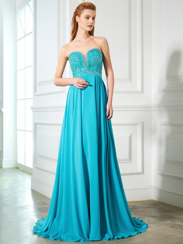 A-Line/Princess Sweetheart Beading Sleeveless Chiffon Sweep/Brush Train Dresses 4908