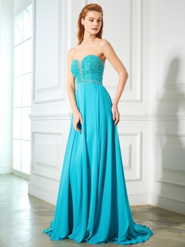 A-Line/Princess Sweetheart Beading Sleeveless Chiffon Sweep/Brush Train Dresses 4908