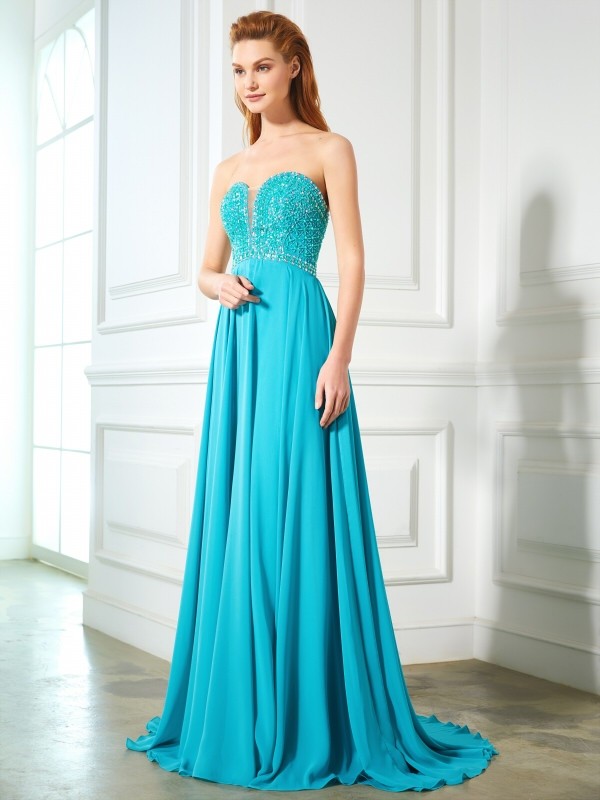 A-Line/Princess Sweetheart Beading Sleeveless Chiffon Sweep/Brush Train Dresses 4908