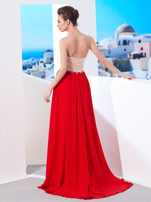 A-Line/Princess Strapless Beading Sleeveless Chiffon Sweep/Brush Train Dresses 4745