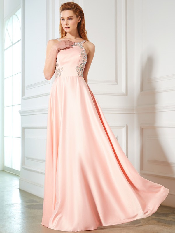 A-Line/Princess Scoop Beading Sleeveless Satin Floor-Length Dresses 4310