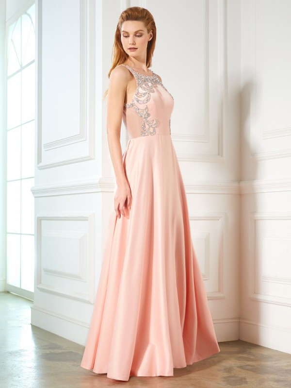 A-Line/Princess Scoop Beading Sleeveless Satin Floor-Length Dresses 4310