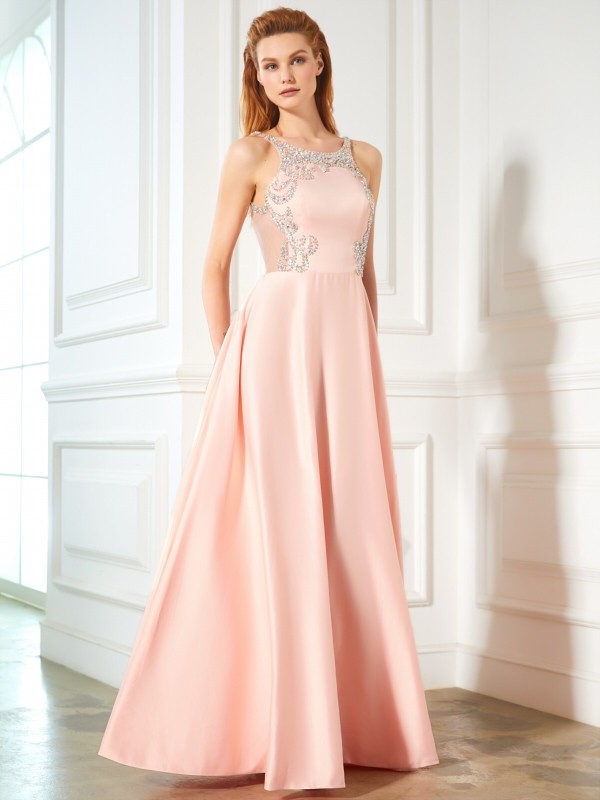 A-Line/Princess Scoop Beading Sleeveless Satin Floor-Length Dresses 4310