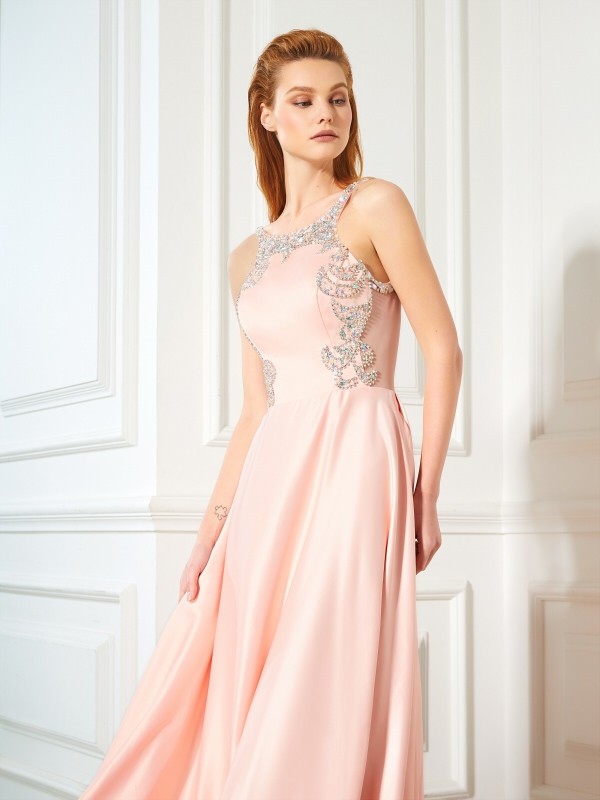 A-Line/Princess Scoop Beading Sleeveless Satin Floor-Length Dresses 4310