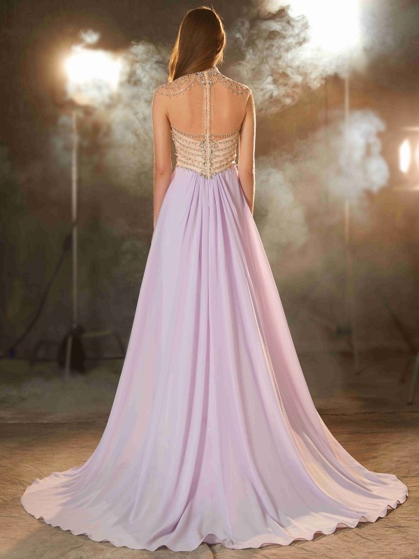 A-Line/Princess High Neck Sleeveless Sweep/Brush Train Crystal Chiffon Dresses 3654