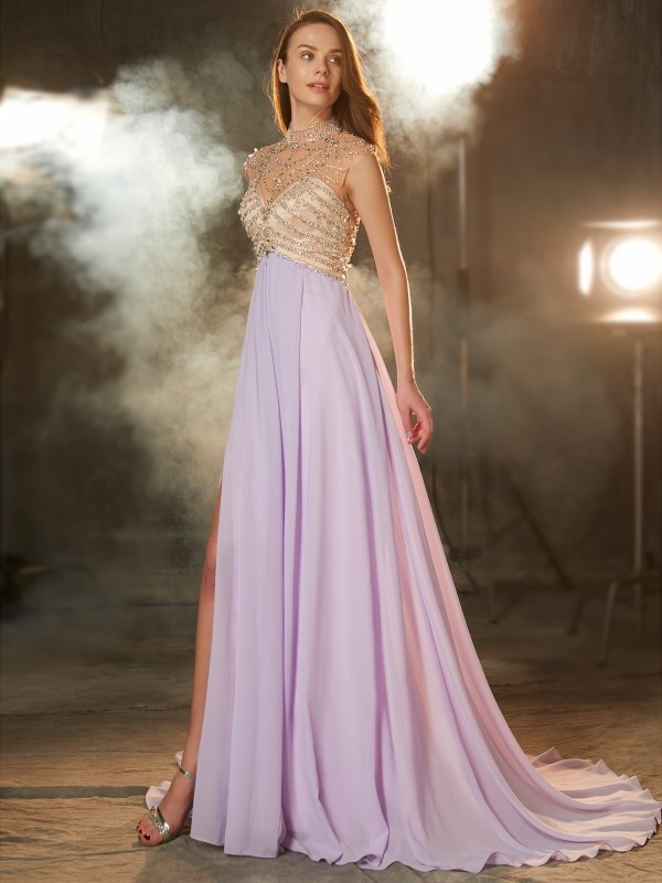 A-Line/Princess High Neck Sleeveless Sweep/Brush Train Crystal Chiffon Dresses 3654