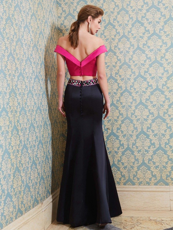 Trumpet/Mermaid Off-the-Shoulder Sleeveless Floor-Length Beading Satin Two Piece Dresses 7152