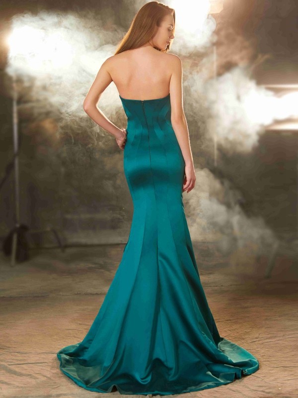 Trumpet/Mermaid Sweetheart Sleeveless Ruched Sweep/Brush Train Satin Dresses 7539