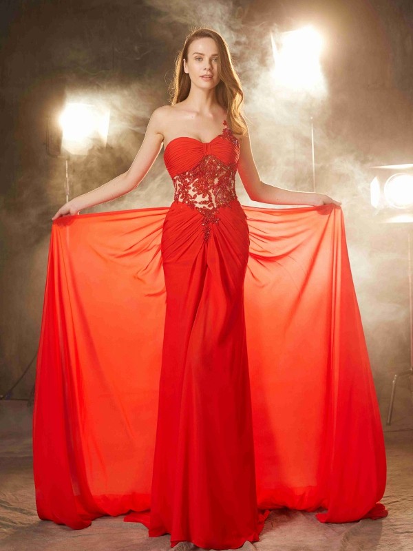 Sheath/Column One-Shoulder Sleeveless Sweep/Brush Train Beading Chiffon Dresses 6221