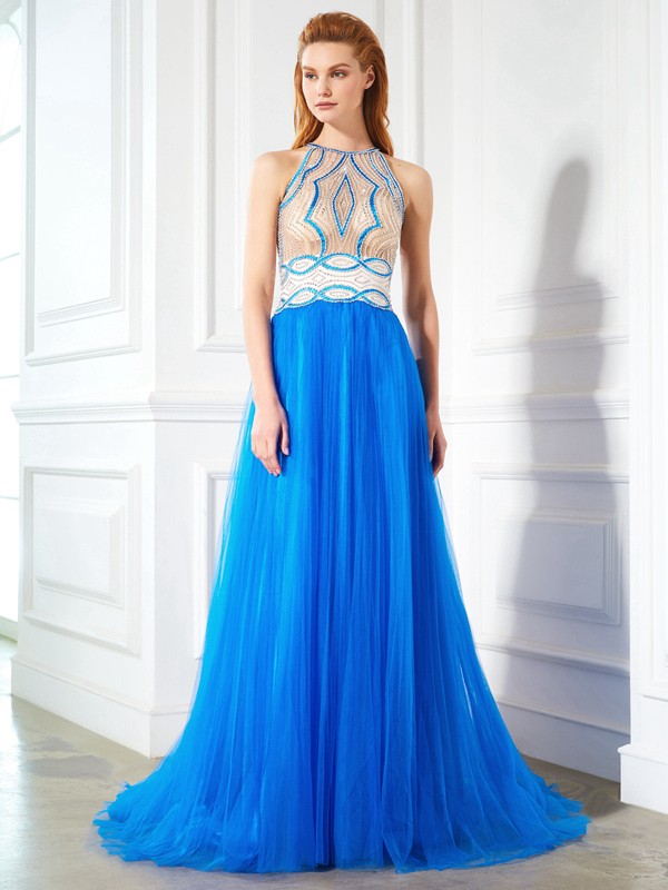 A-Line/Princess Jewel Beading Sleeveless Floor-Length Net Dresses 3672