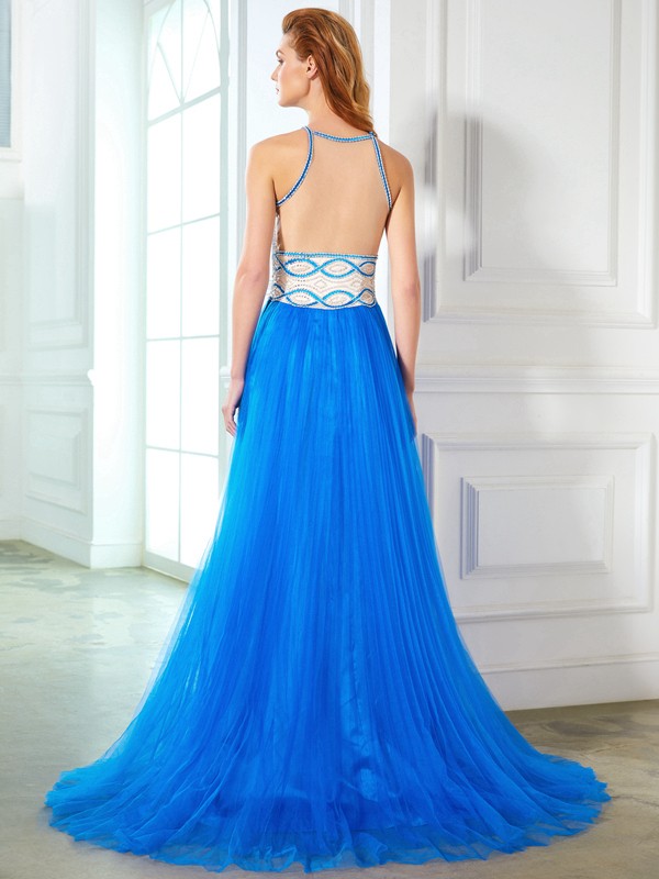 A-Line/Princess Jewel Beading Sleeveless Floor-Length Net Dresses 3672