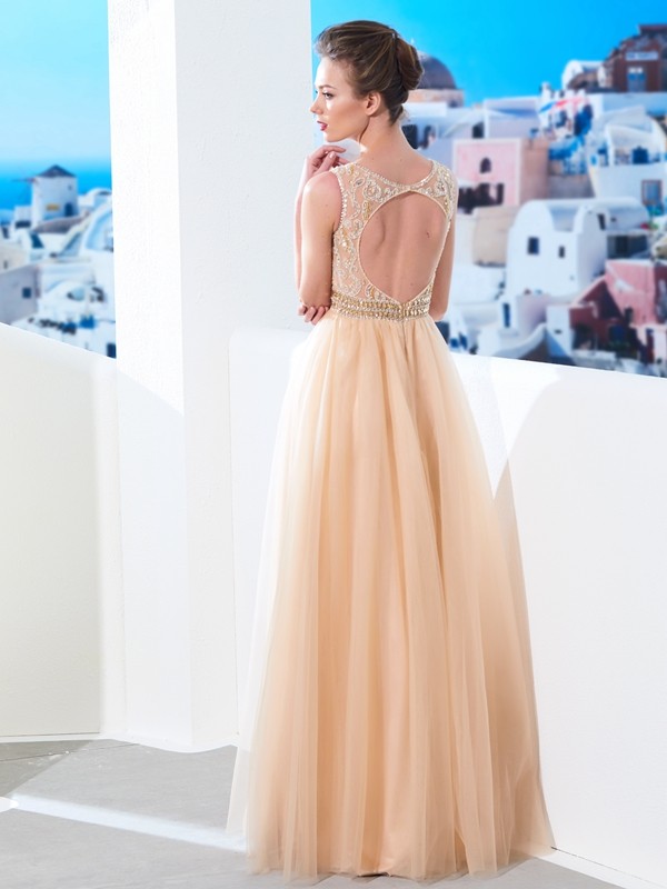 A-Line/Princess Scoop Sleeveless Floor-Length Beading Tulle Dresses 4355