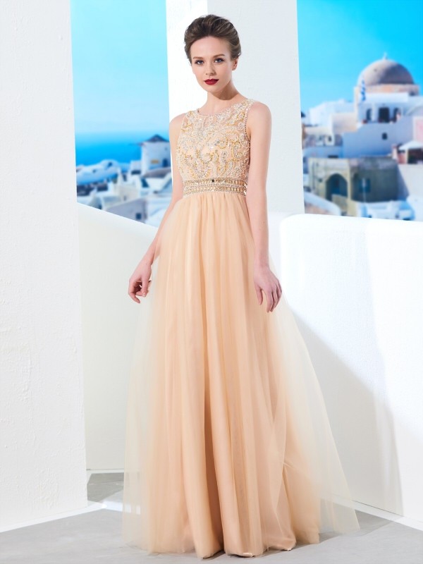 A-Line/Princess Scoop Sleeveless Floor-Length Beading Tulle Dresses 4355