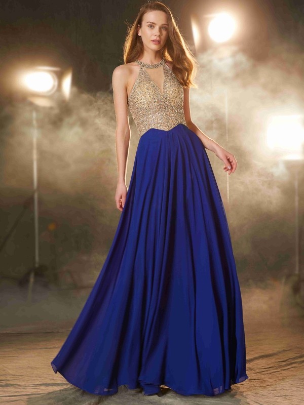 A-Line/Princess Scoop Sleeveless Floor-Length Crystal Chiffon Dresses 4357