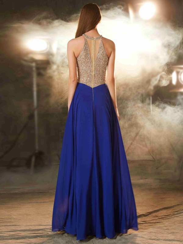 A-Line/Princess Scoop Sleeveless Floor-Length Crystal Chiffon Dresses 4357