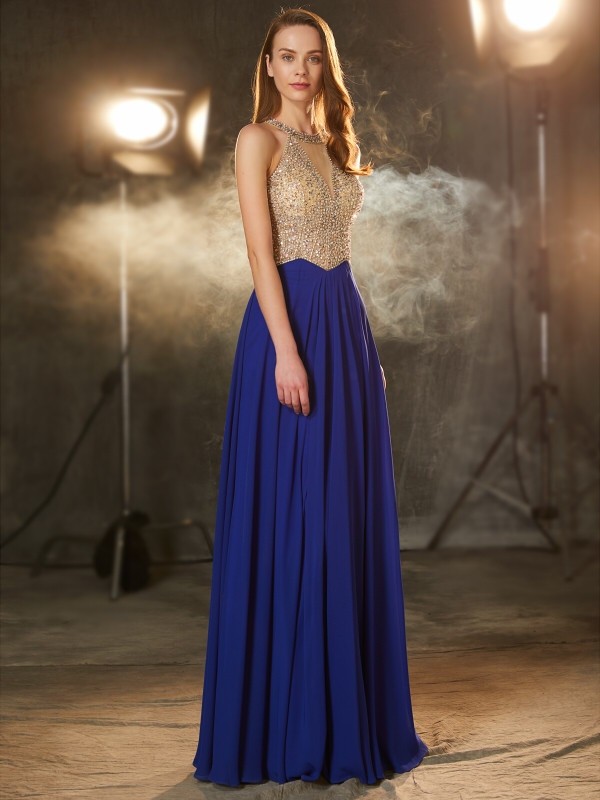 A-Line/Princess Scoop Sleeveless Floor-Length Crystal Chiffon Dresses 4357