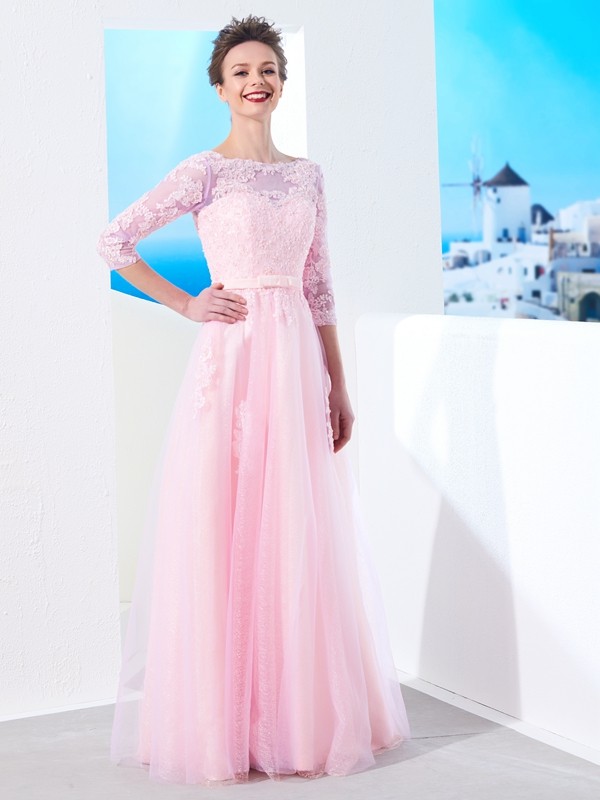 A-Line/Princess Bateau 1/2 Sleeves Floor-Length Applique Tulle Dresses 3355