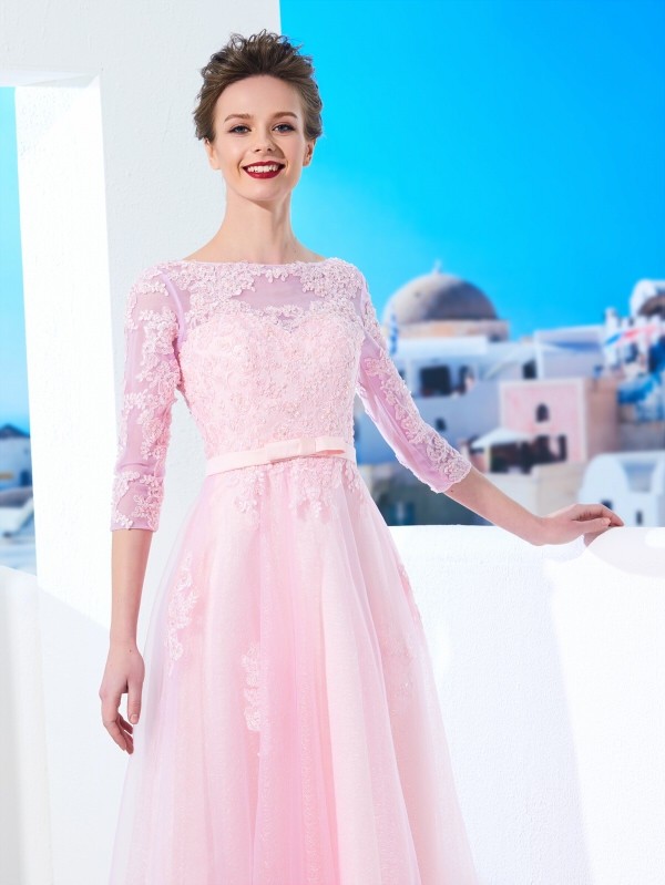 A-Line/Princess Bateau 1/2 Sleeves Floor-Length Applique Tulle Dresses 3355