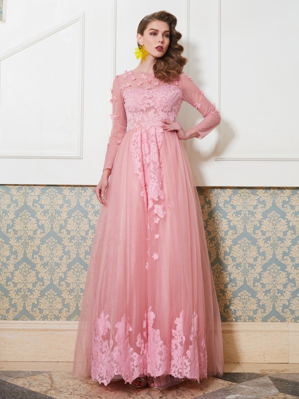 A-Line/Princess Scoop 3/4 Sleeves Floor-Length Applique Tulle Dresses 4262