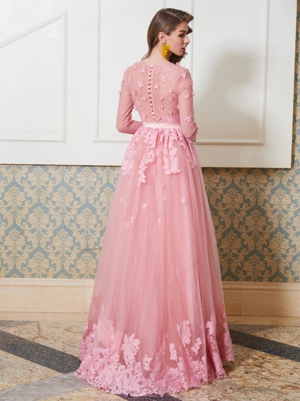 A-Line/Princess Scoop 3/4 Sleeves Floor-Length Applique Tulle Dresses 4262