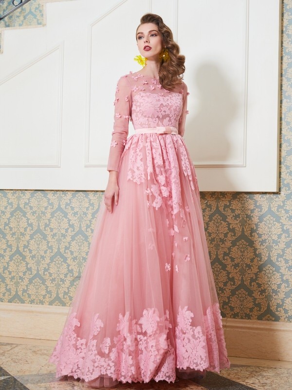 A-Line/Princess Scoop 3/4 Sleeves Floor-Length Applique Tulle Dresses 4262