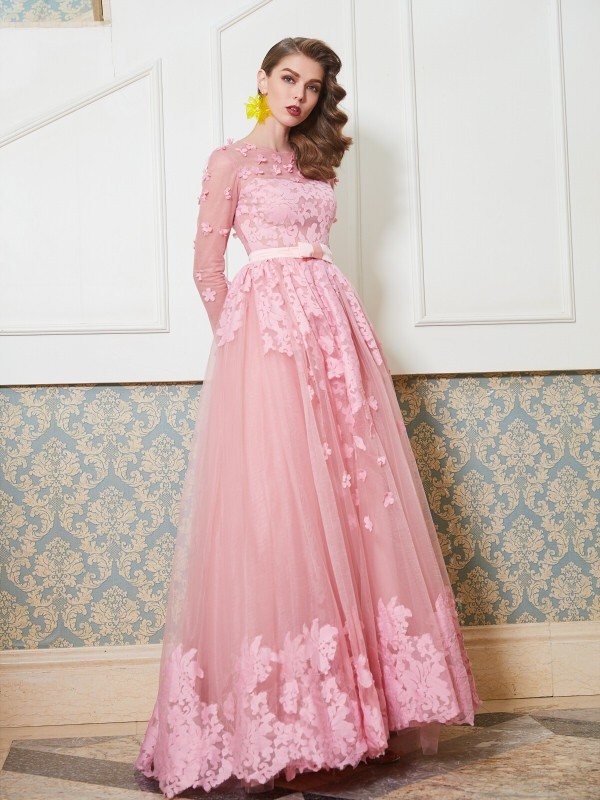 A-Line/Princess Scoop 3/4 Sleeves Floor-Length Applique Tulle Dresses 4262