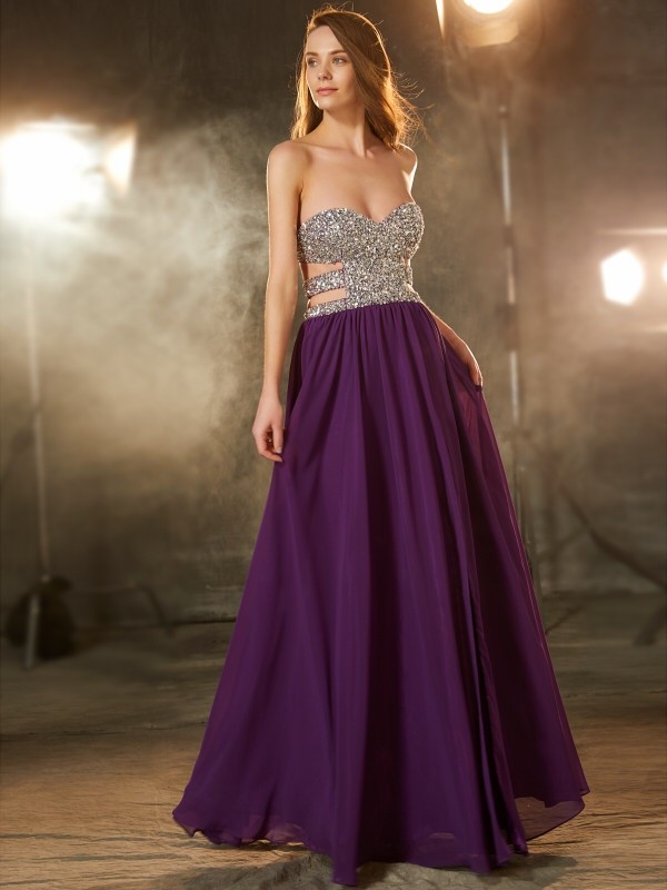 A-Line/Princess Sweetheart Crystal Sleeveless Floor-Length Chiffon Dresses 4967