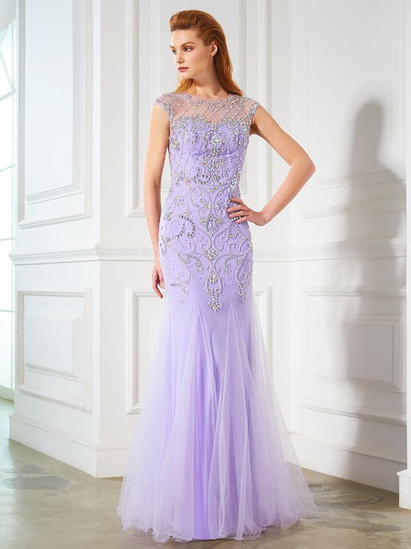 Trumpet/Mermaid Scoop Sleeveless Beading Floor-length Tulle Dresses 7274