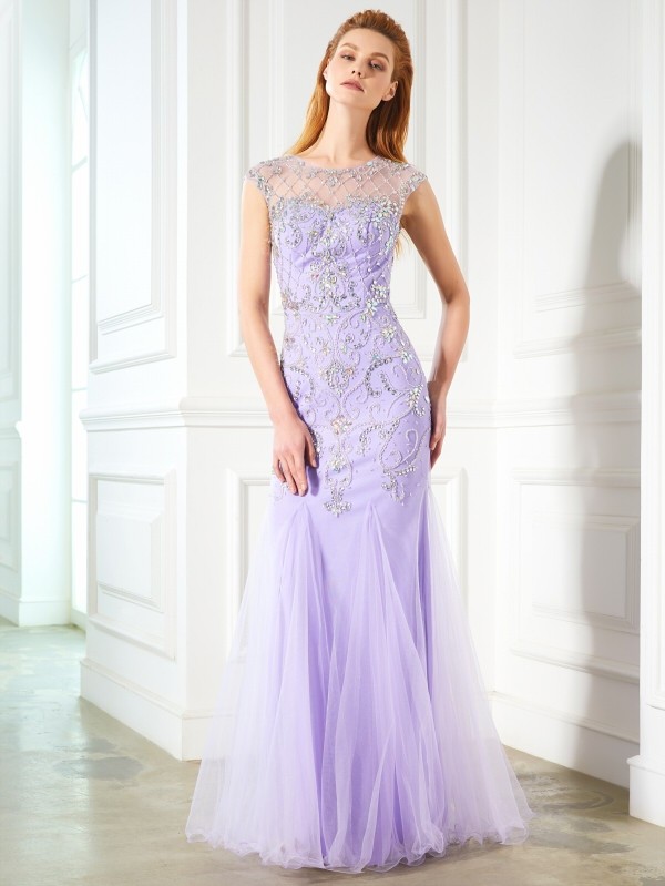 Trumpet/Mermaid Scoop Sleeveless Beading Floor-length Tulle Dresses 7274