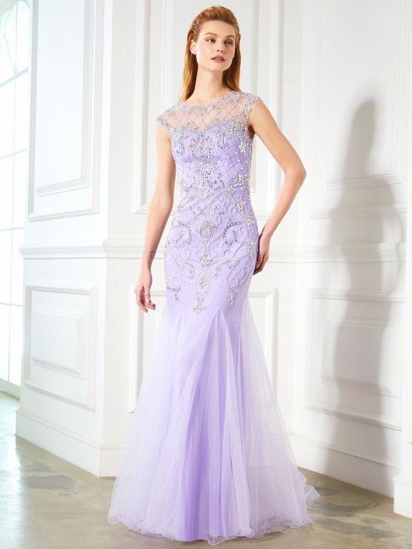 Trumpet/Mermaid Scoop Sleeveless Beading Floor-length Tulle Dresses 7274