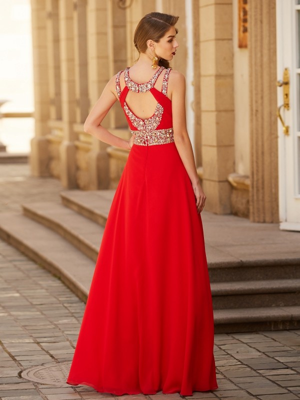 A-line/Princess Scoop Beading Sleeveless Floor-length Chiffon Dresses 4282