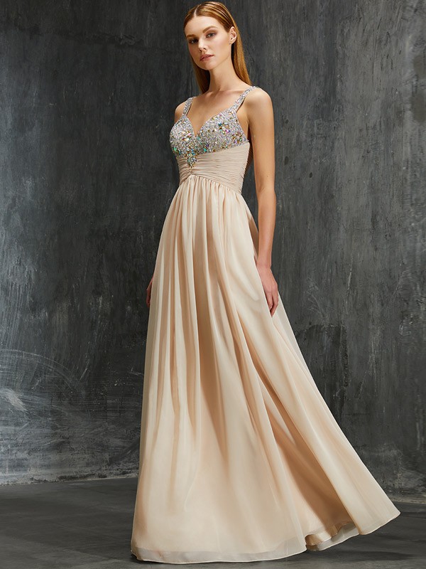 A-Line/Princess Spaghetti Straps Beading Floor-Length Chiffon Dresses 4681