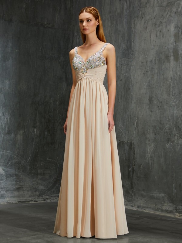 A-Line/Princess Spaghetti Straps Beading Floor-Length Chiffon Dresses 4681