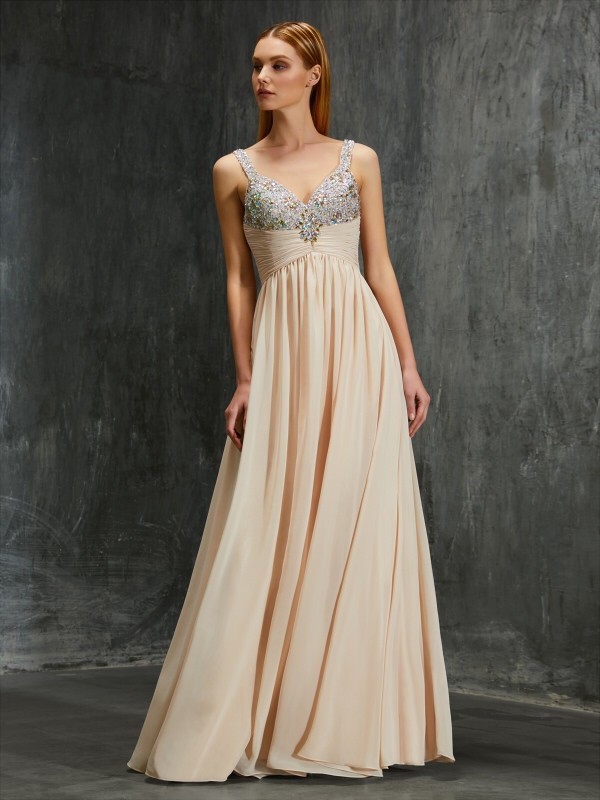 A-Line/Princess Spaghetti Straps Beading Floor-Length Chiffon Dresses 4681