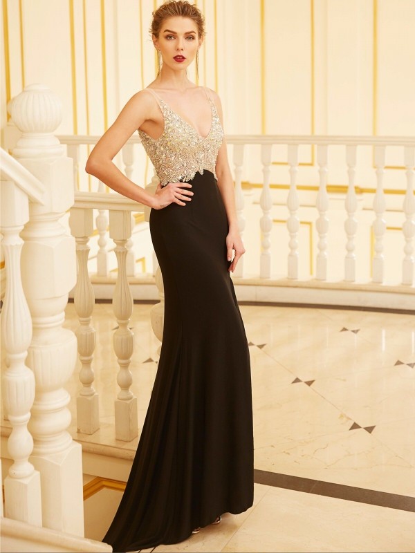 Sheath/Column V-neck Beading Sleeveless Sweep/Brush Train Spandex Dresses 6873