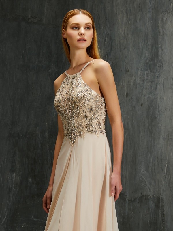 A-line/Princess Spaghetti Straps Sleeveless Beading Sweep/Brush Train Chiffon Dresses 4715