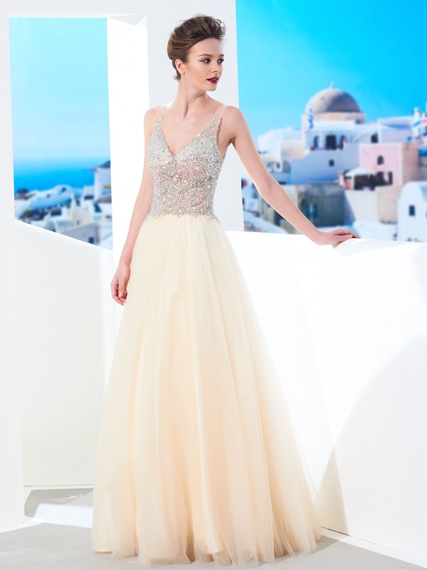 Ball Gown V-neck Sleeveless Beading Floor-length Tulle Dresses 5808