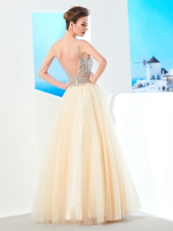 Ball Gown V-neck Sleeveless Beading Floor-length Tulle Dresses 5808