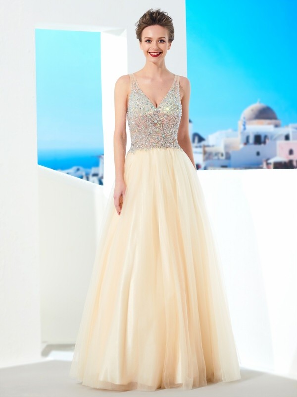 Ball Gown V-neck Sleeveless Beading Floor-length Tulle Dresses 5808