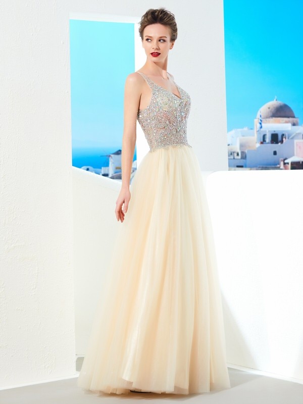 Ball Gown V-neck Sleeveless Beading Floor-length Tulle Dresses 5808