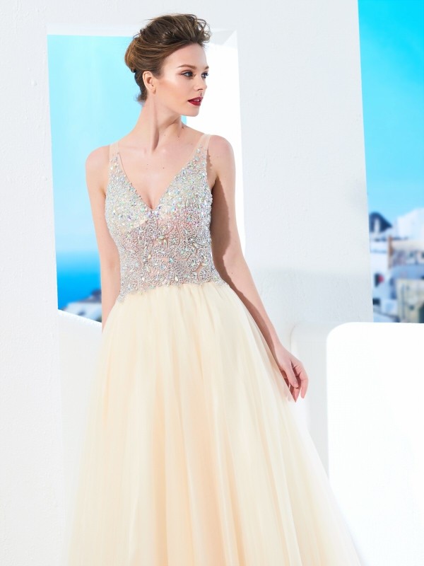 Ball Gown V-neck Sleeveless Beading Floor-length Tulle Dresses 5808