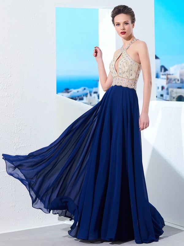 A-Line/Princess Sleeveless Straps Beading Chiffon Floor-Length Dresses 4615