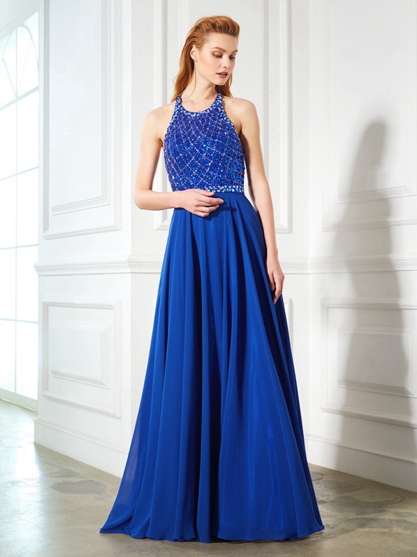 A-Line/Princess Jewel Sleeveless Beading Chiffon Sweep/Brush Train Dresses 3688